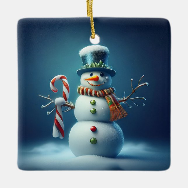 Glad Snöman Dansar I Snö Julgransprydnad Keramik (Framsida)
