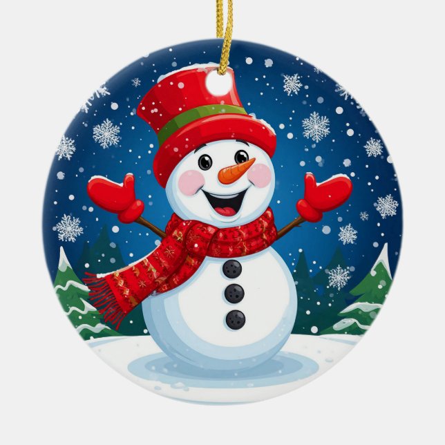 Glad snöman i röd halsduk och hatt julgransprydnad keramik (Framsidan)
