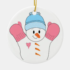 Glad snöman i rosa handskar julgransprydnad keramik