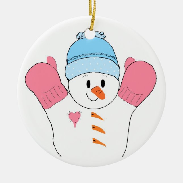 Glad snöman i rosa handskar julgransprydnad keramik (Framsidan)