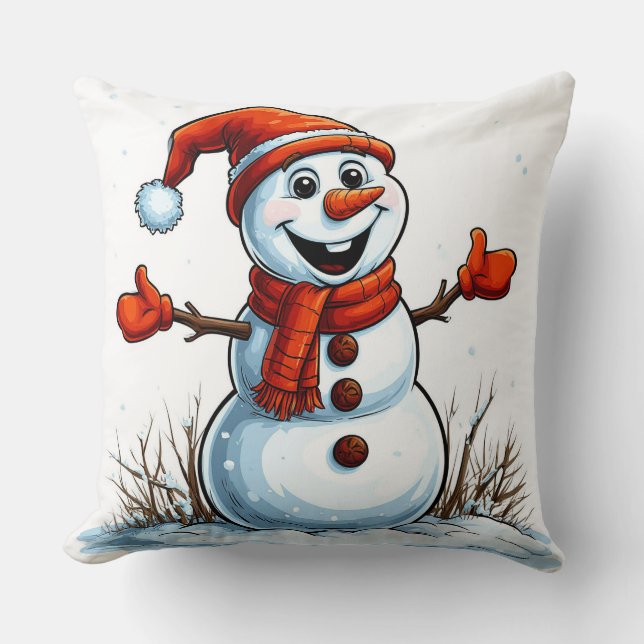 Glad snöman iklädd vintermössa kudde (Framsida)