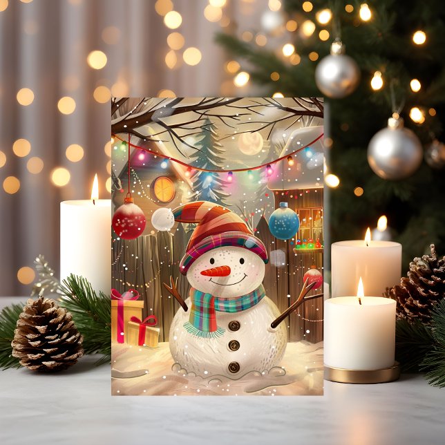 Glad snöman med färgglada ljus och högtidsglädje kort (A cheerful snowman under twinkling lights — pure holiday joy in card form)