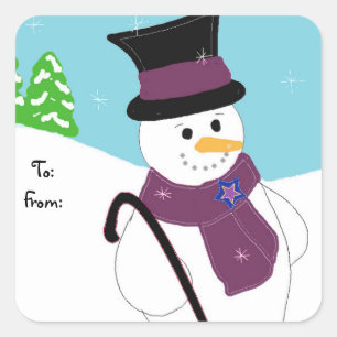 Glad snöman med hatt och käpp fyrkantigt klistermärke
