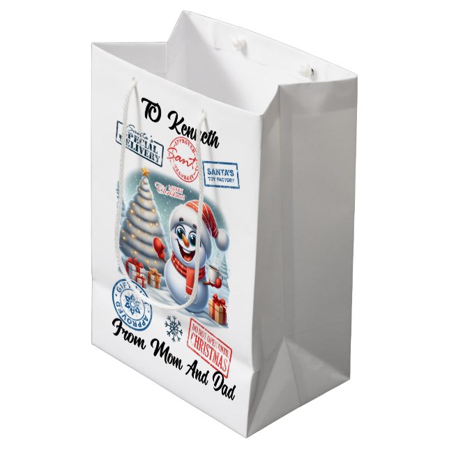 Glad snöman med jul sack (Framsidan Vinklad)