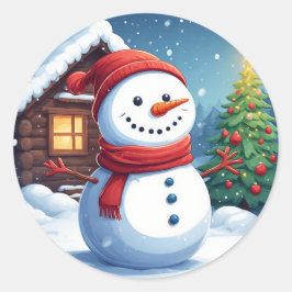 Glad snöman med julgran runt klistermärke