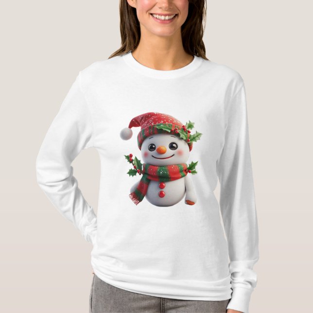 Glad snöman med jultomtehatt t shirt (Framsida)
