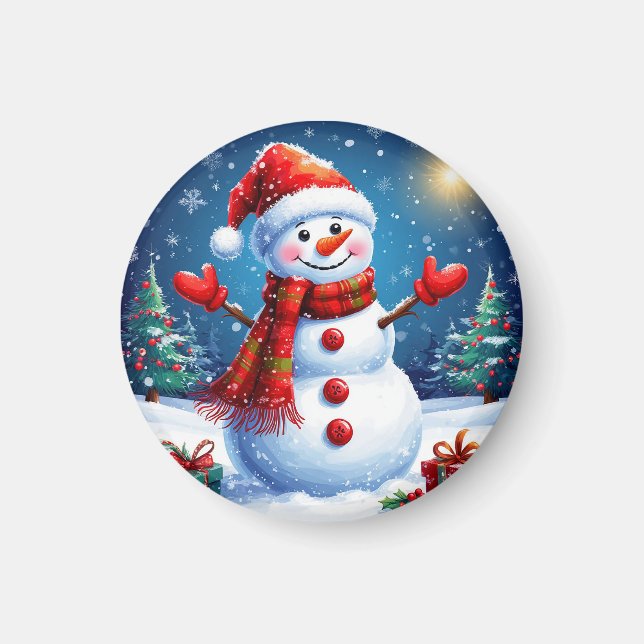 Glad snöman som bär en tomtehatt magnet (Framsidan)