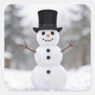 Glad snöman som bär en topp hatt fyrkantigt klistermärke