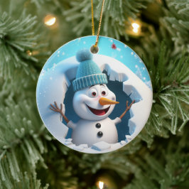 Glad snöman som njuter av vintern. julgransprydnad keramik