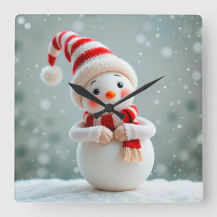 Glad snömannenfigur med firande hatt fyrkantig klocka