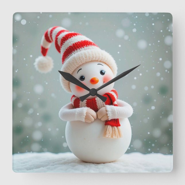 Glad snömannenfigur med firande hatt fyrkantig klocka (Framsida)