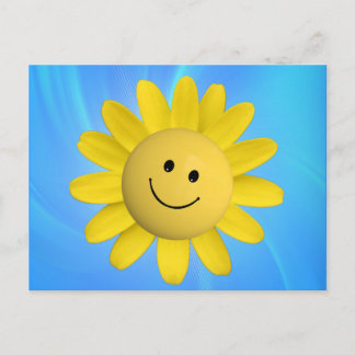 GLAD SOL BLOMMA SMILIE ANSIKTE SERIEFIGUR BLÅ VYKORT