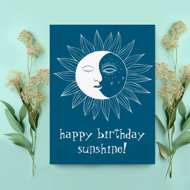 Glad Sol & Måne GLAD FÖDELSEDAG SPECIAL Vykort (Sweet happy birthday boho postcard with sun and moon illustration. Add custom text)