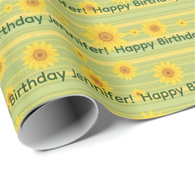 Glad Solros Lycklig Födelsedag Personlig Namn Presentpapper (Rullad Hörn)