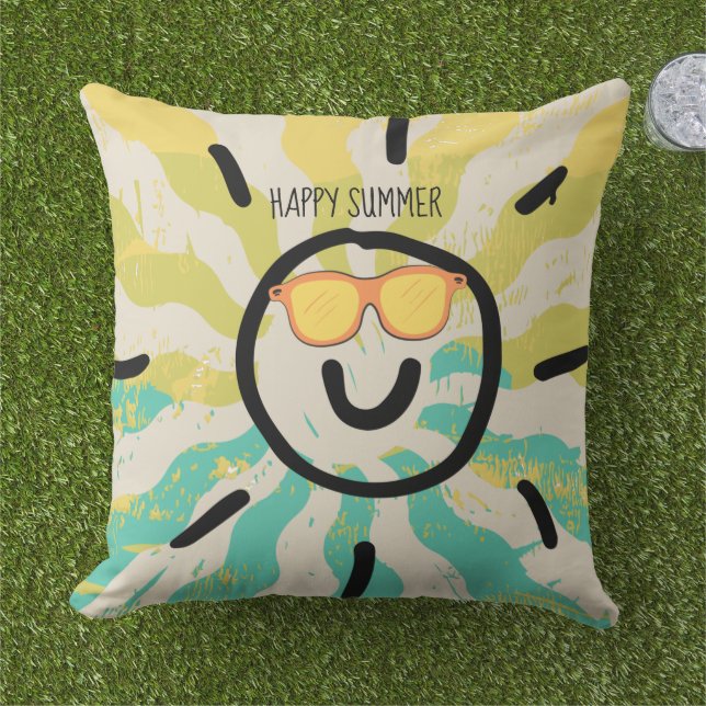 Glad sommar snygg modern färgrik gul blå chic kudde (Gräs)