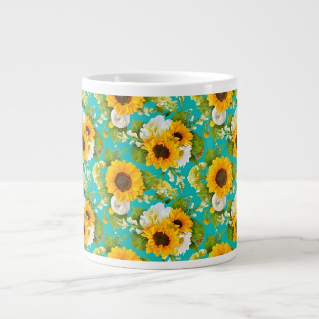Glad sommarsolrosmönsterkaffesumma jumbo mugg (Framsidan)