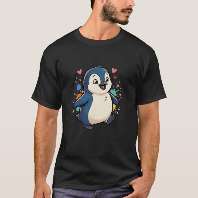 Glad Söt Bebis Pingvin Regnbåge Stänk Hjärtan T Shirt (Framsida)