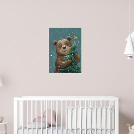 Glad söt björn som kramar julgran poster