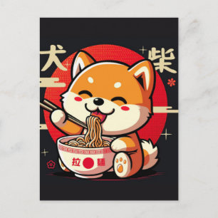Glad Söt Japansk Shiba Inu som njuter av Ramen Helg Vykort