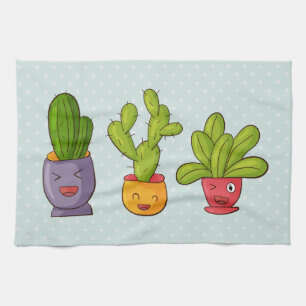 Glad söt kaktus i blomkrukor, rolig illustration kökshandduk