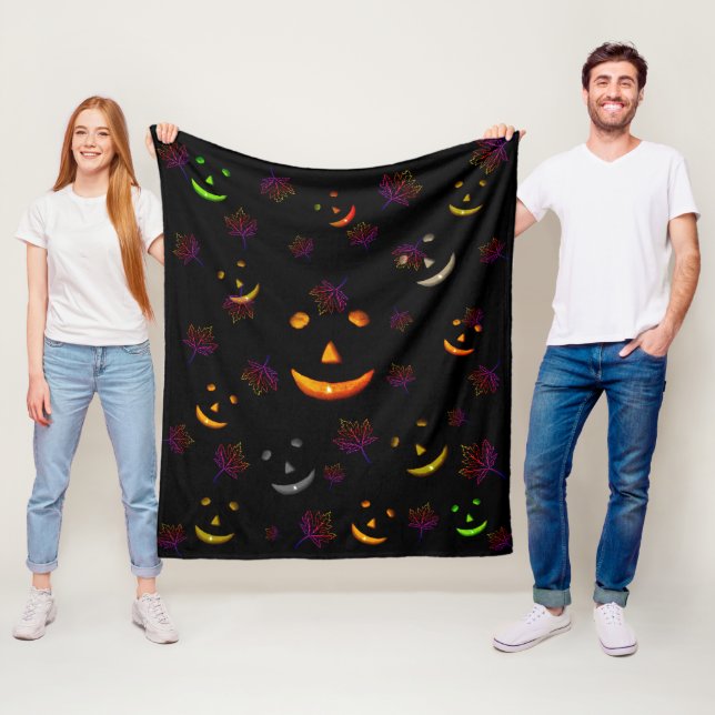 Glad spöklik Jack-O'-lantern Lämnar Neon Glöd  Fleecefilt (På plats)