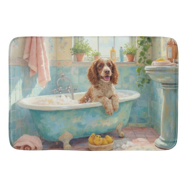 Glad Springer Spaniel på badet Prydlig badrumsdeko Badrumsmatta (Framsidan)