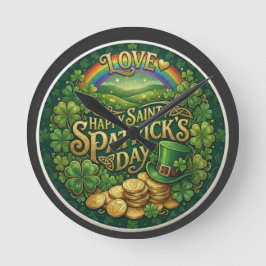 Glad St. Patrick’s dag Kärlek Hjärtan Regnbåge Sha Rund Klocka