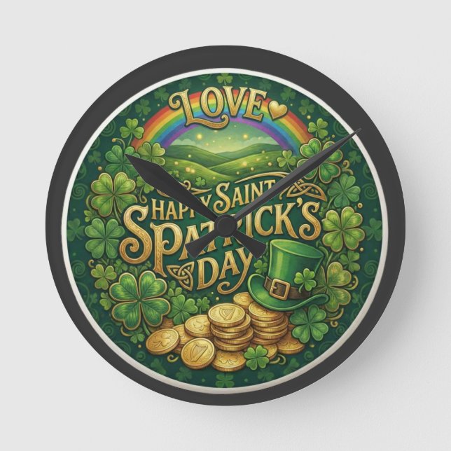 Glad St. Patrick’s dag Kärlek Hjärtan Regnbåge Sha Rund Klocka (Framsida)