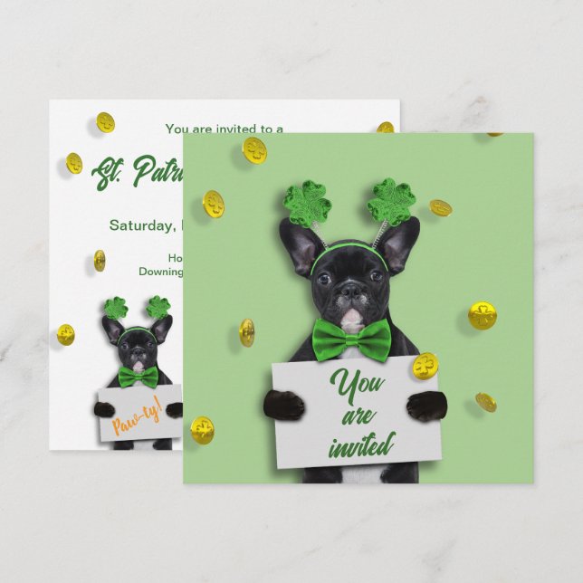 Glad St. Patrick’s Day Klöver Söt Fransk Bulldog Inbjudningar (Fram/baksida)
