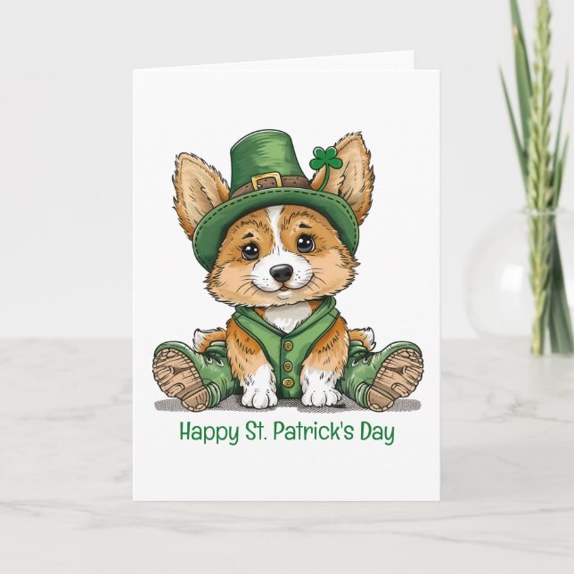 Glad St. Patricks dag Corgi Hund Helgkort (Framsida)