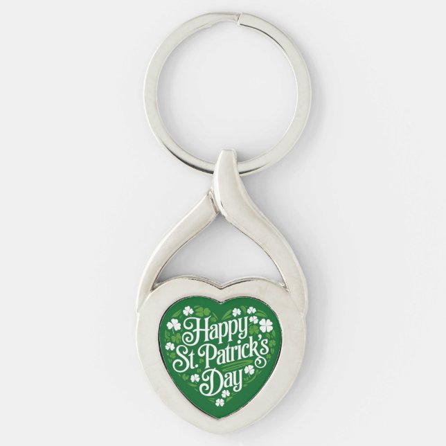 Glad St. Patricks dag  Twisted Heart Silverfärgad Nyckelring (Framsidan)