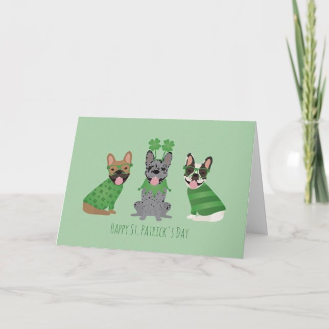 Glad St. Patrick's Day Franska Bulldoggar Helgkort (Framsida)
