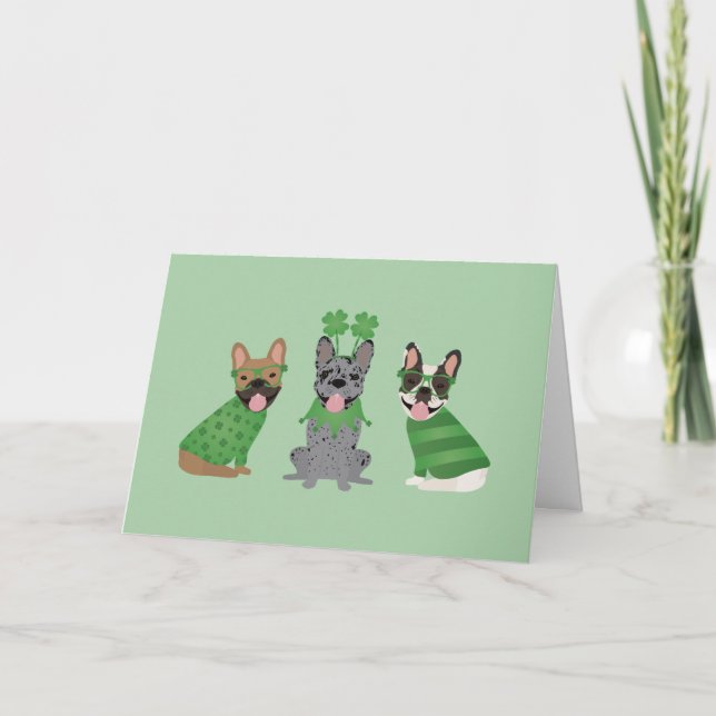 Glad St. Patrick's Day Franska Bulldoggar Helgkort (Framsida)