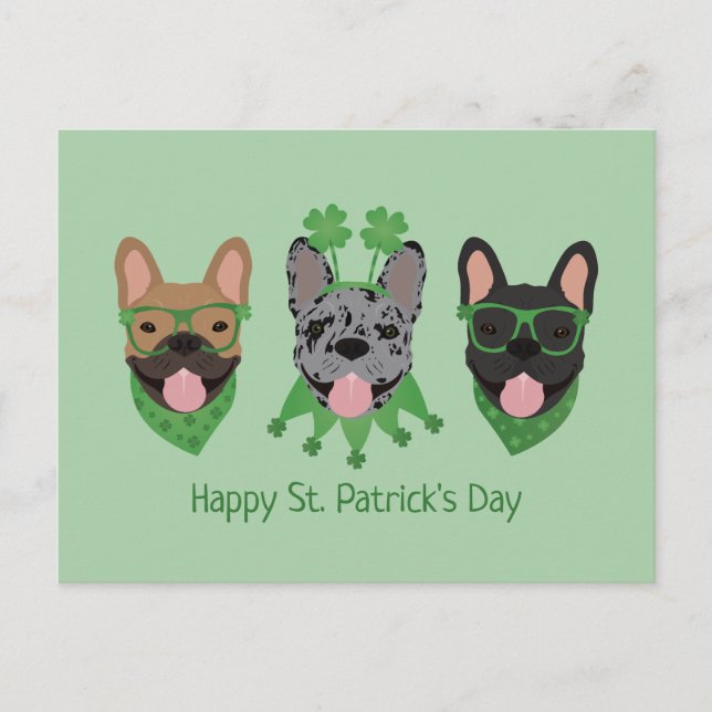 Glad St. Patricks Day Franska Bulldoggar Vykort (Framsida)