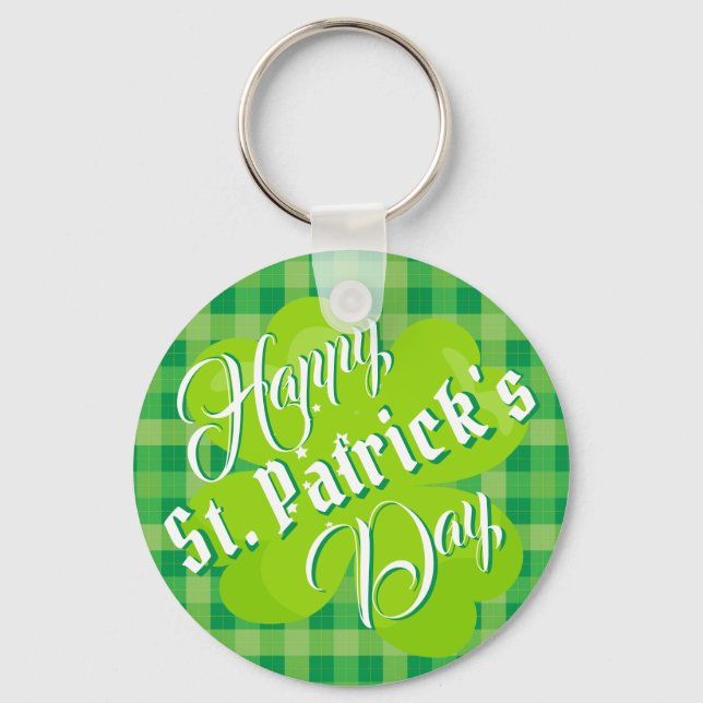Glad St. Patrick's Day Grön Tartan Lucky Clover Nyckelring (Framsida)