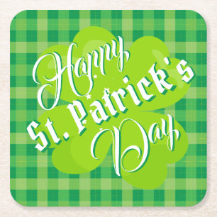 Glad St. Patrick's Day Grön Tartan Lucky Clover Underlägg Papper Kvadrat