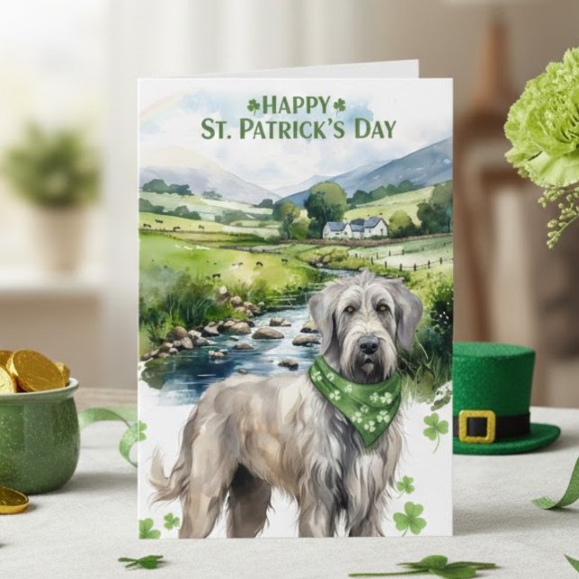 Glad St. Patrick's Day Irländsk Varghund Akvarell Kort (Skapare uppladdad)