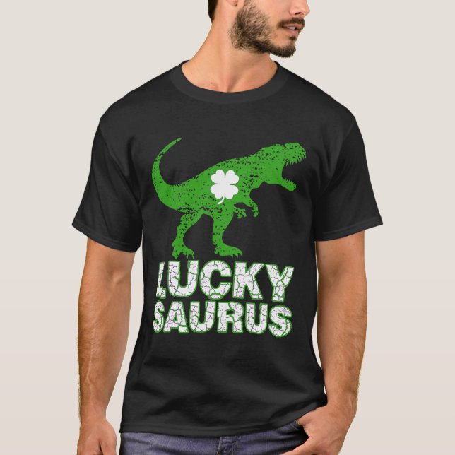 Glad St Patricks Day Luckysaurus Dinosaur Shamrock T Shirt (Framsida)