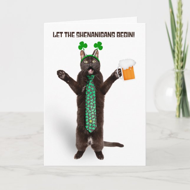 Glad St. Patricks Day Rolig Katt i Shamrock-halsdu Helgkort (Framsida)