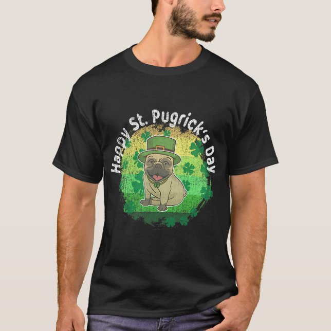 Glad St Patricks Day St Pugricks Pug Retro Solnedg T Shirt (Framsida)