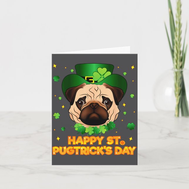 Glad St Patricks Pugtricks Dag Irländsk Pug Leprec Kort (Framsida)