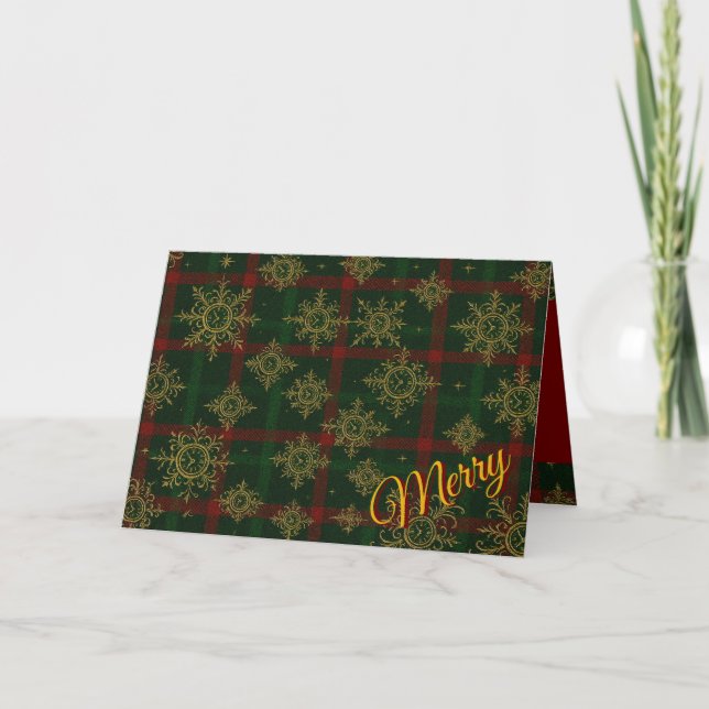 Glad Steampunk Snöflinga Röd och Grön Tartan Helgkort (Framsida)