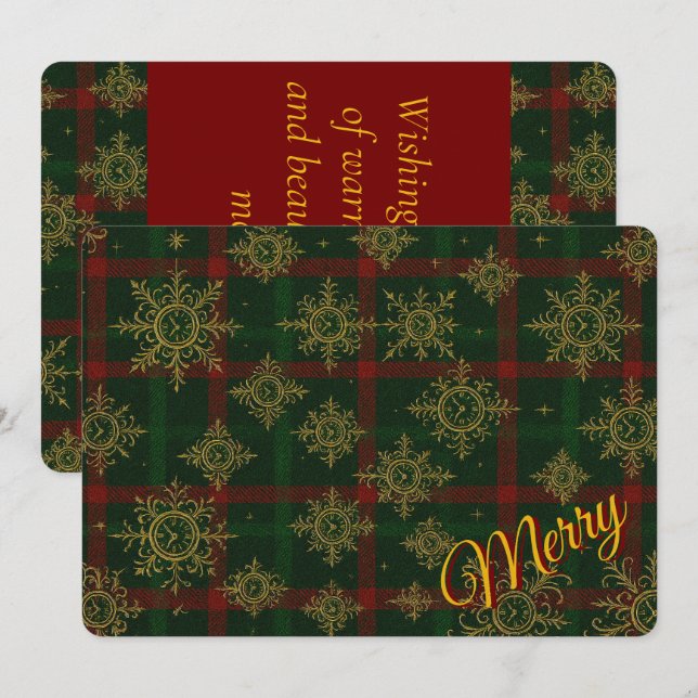 Glad Steampunk Snöflinga Röd och Grön Tartan Julkort (Fram/baksida)