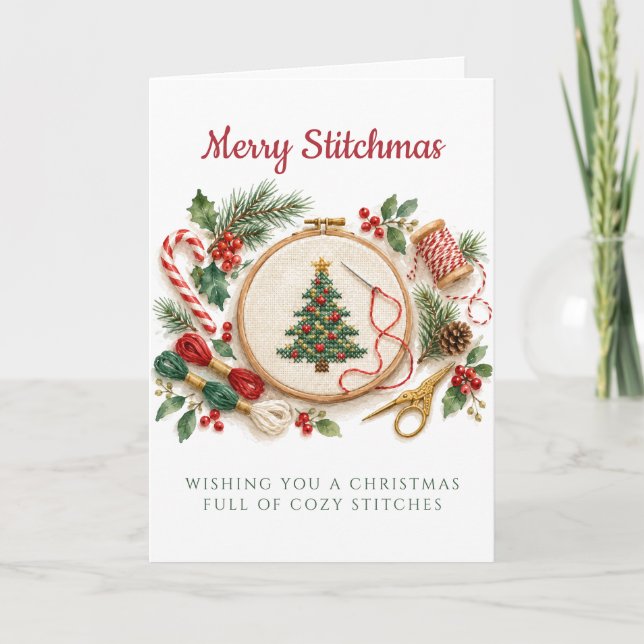 Glad Stickmas Korsstygns Julkort Kort (Framsida)