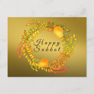Glad Sukkot krans av falskt guld med citroner och Vykort