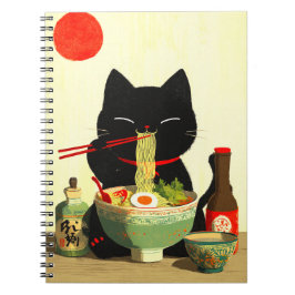 Glad svart katt som äter Ramen | Japansk Ukiyo-e Anteckningsbok