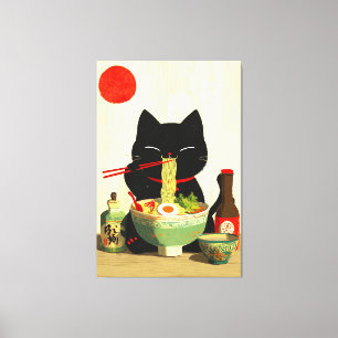 Glad svart katt som äter Ramen   Japansk Ukiyo-e Canvastryck