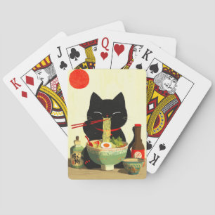 Glad svart katt som äter Ramen Japansk Ukiyo-e Casinokort