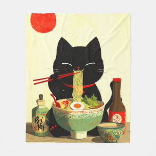 Glad svart katt som äter Ramen Japansk Ukiyo-e Fleecefilt