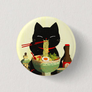 Glad svart katt som äter Ramen   Japansk Ukiyo-e Knapp